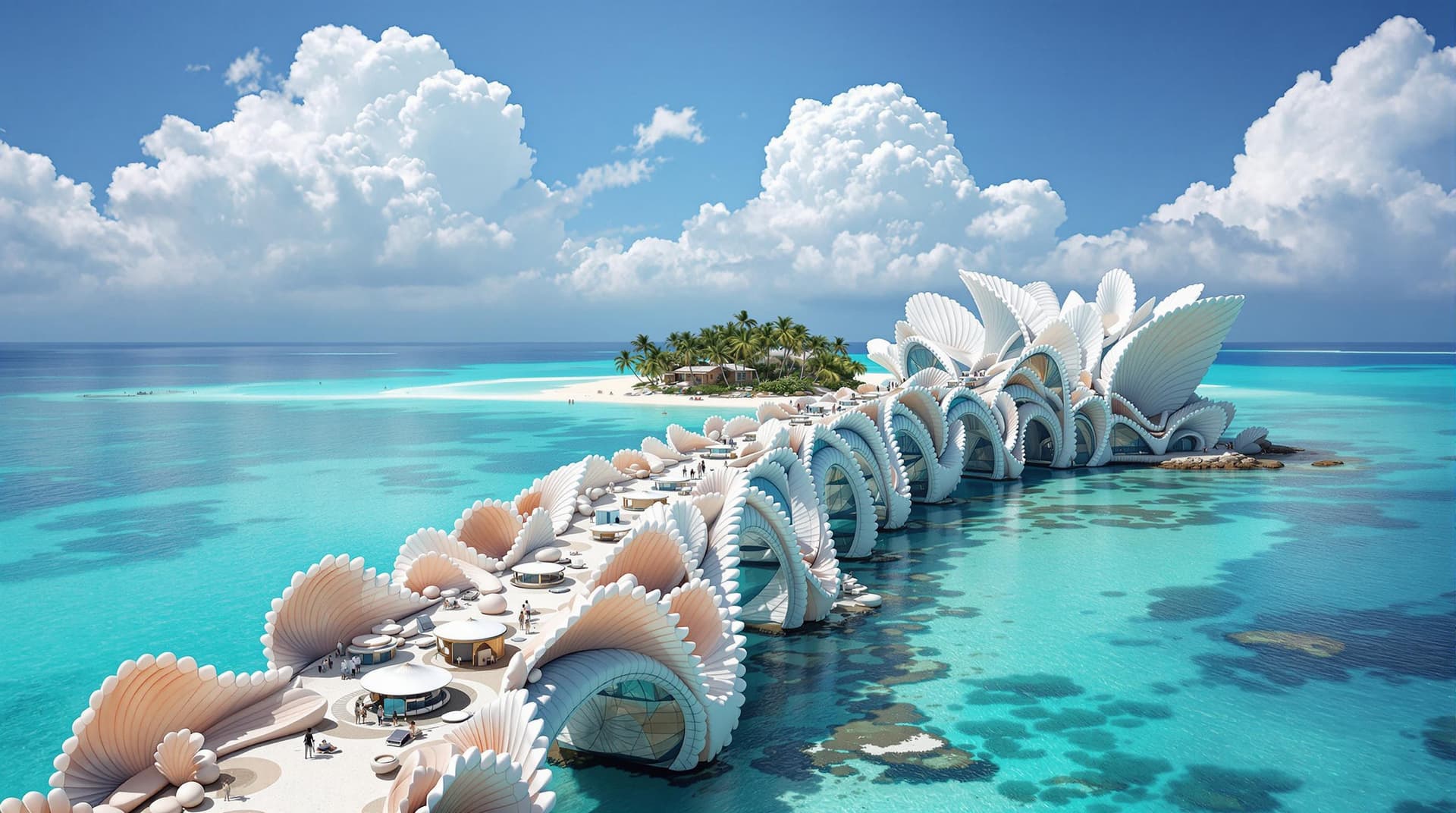 AI generated:  a long fictional bridge,made of giant seashells and pearl with high arches,modern complex architect...