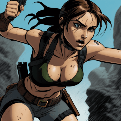 AI generated: lara croft, in the style of comic book-style art, bold, manga-inspired characters, close up, cartoon...