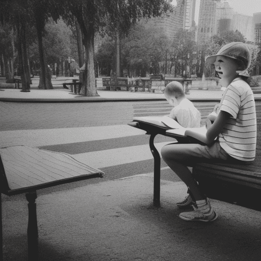 AI generated: In a bustling city park, where laughter and chatter filled the air, Mia spotted a boy sitting alone ...