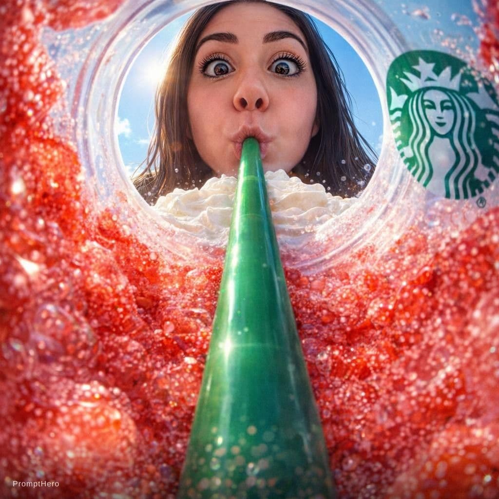 AI generated: {
  "prompt": "View from inside a Starbucks strawberry frappuccino cup looking up, fisheye lens extr...