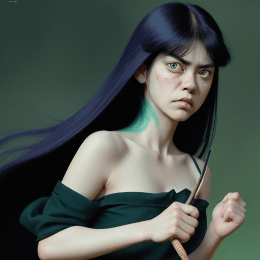 AI generated: a girl with long hair and big shoulders, with angry eyes, in the style of quirky manga art, bill wat...
