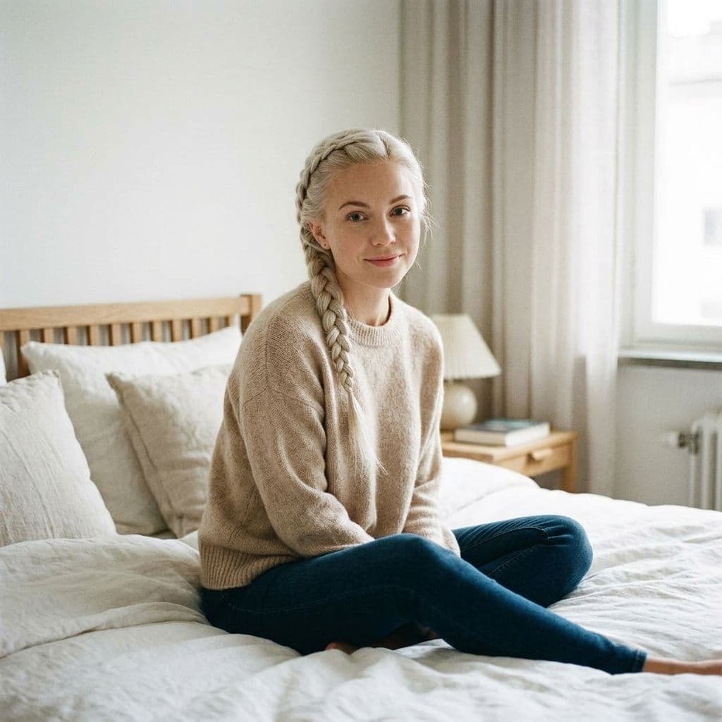 AI generated: A 25-year-old Swedish girl is sitting in the bedroom on the bed. platinum blonde woman with French b...