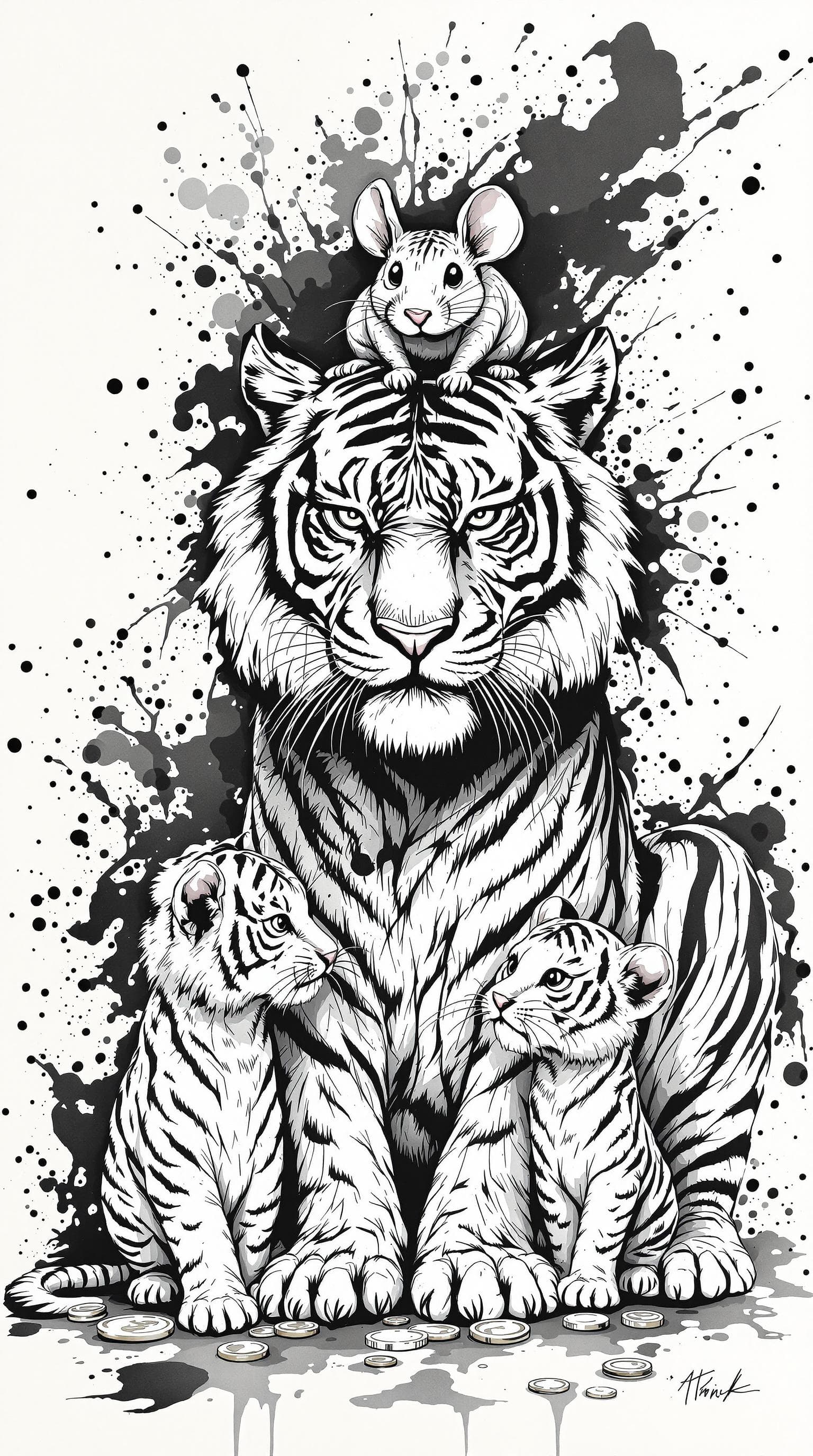 AI generated: a tiger and two tiger cubs, and a oversized mouse,ferocious, detailed,full-body shots,ink style,Ink ...