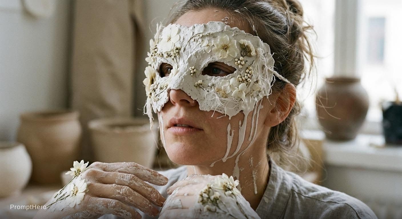 AI generated: woman's face, partially obscured by a mask made of textured white material resembling clay or plaste...