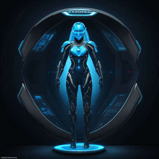 AI generated: futuristic warrior in full military attire in suspended animation, full body hologram inside a flat ...