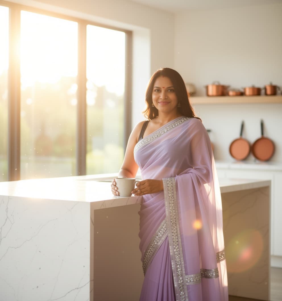 AI generated: A high-resolution, photorealistic shot of a woman standing in a sun-drenched, modern minimalist kitc...