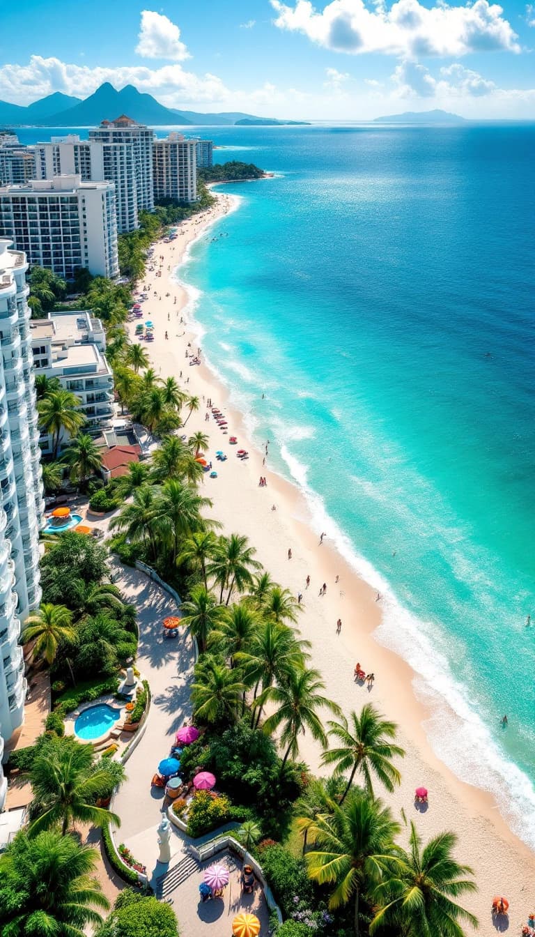 AI generated: An aerial view of a tropical seaside promenade with bright white apartment buildings surrounded by l...