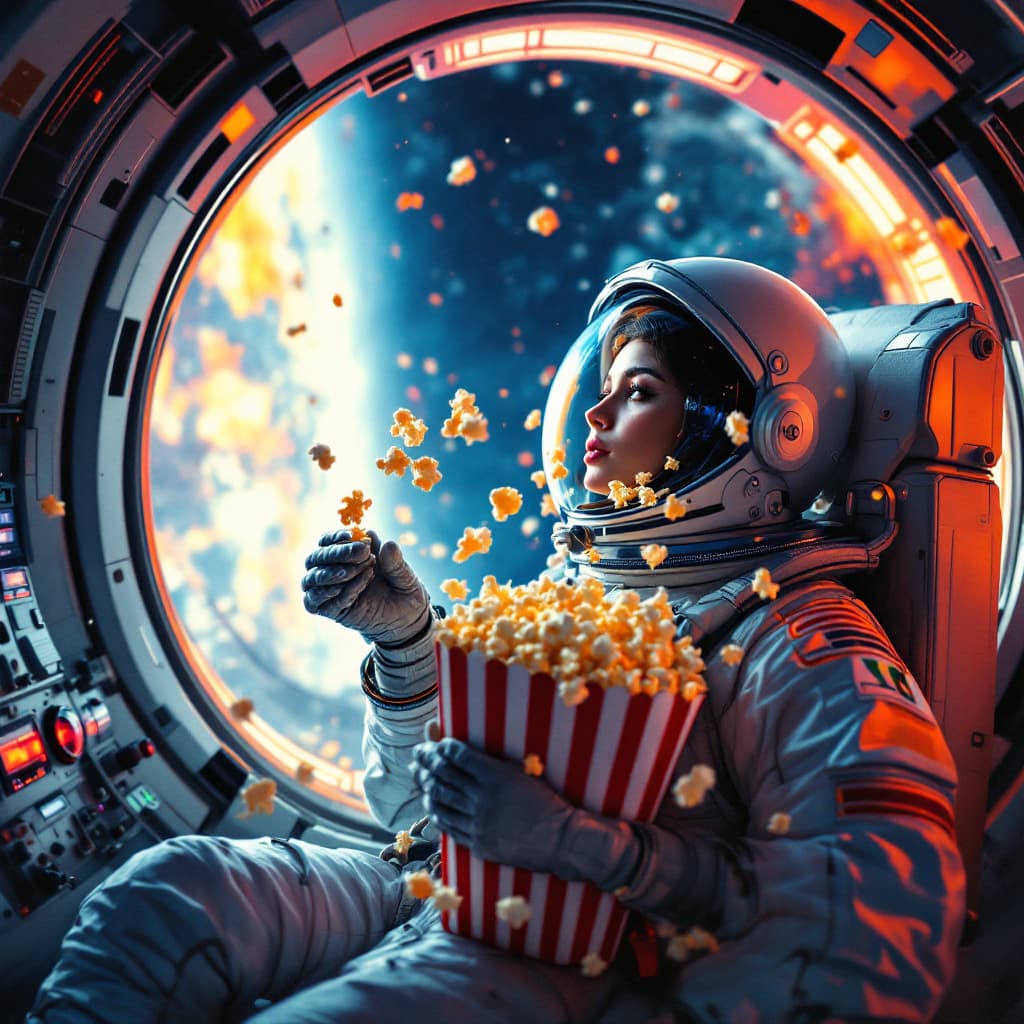 AI generated: female Astronaut eating popcorn in spaceship