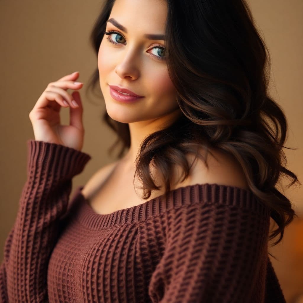 AI generated: A woman with wavy dark brown hair, wearing an off-shoulder oversized brown knit sweater. She gazes s...