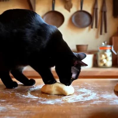 AI generated video: a black cat in a bakery making biscuits