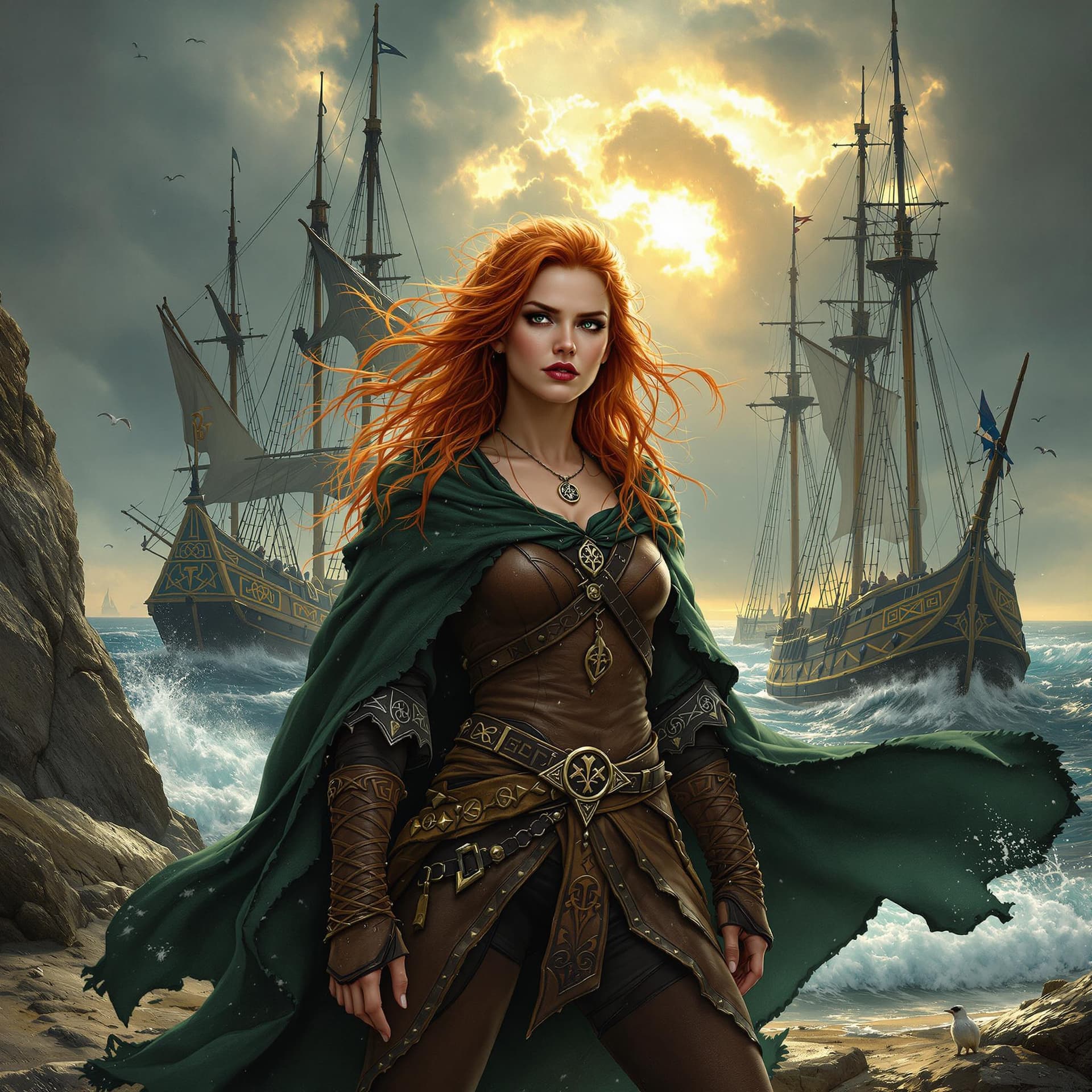 AI generated: Gráinne O'Malley, the legendary Irish pirate queen, stands defiantly at her rugged sea port, her sta...