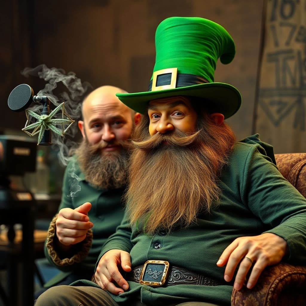 AI generated: Joe Rogan on set with mysterious leprechaun. smoking weed