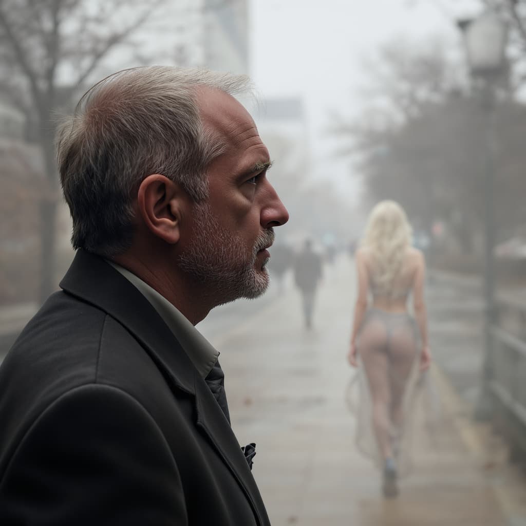 AI generated: a man in his 40s, disappointed in love, looks into the distance where a beautiful blonde woman dress...