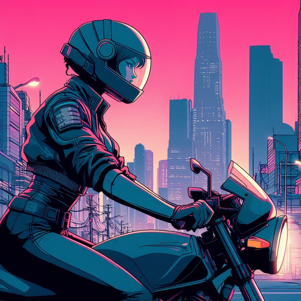 AI generated: a woman wearing helmet, riding motorcycle in the city of neotokyo, akira anime style, 80's anime sty...
