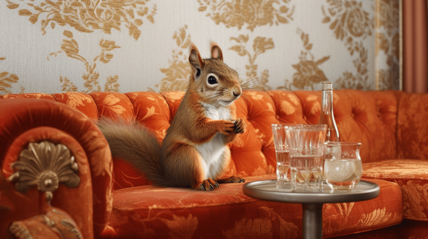 AI generated: a squirrel, at the party, drinking whisky, sitting on a sofa, photorealistic, hyperrealism, intricat...