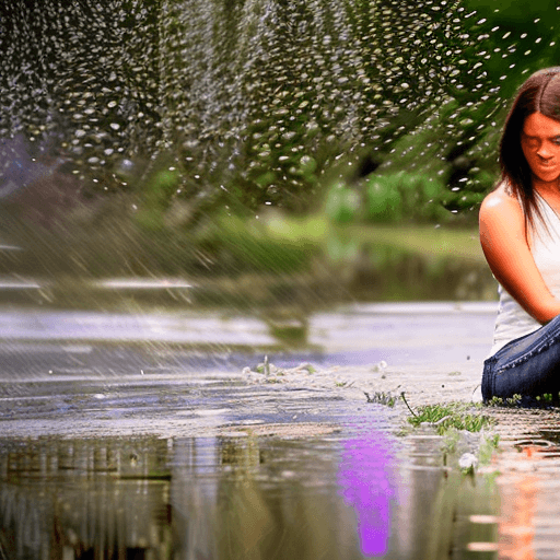 AI generated: HDR photo of woman with long brunette hair, eyes closed, white tank top, sitting in a grass field in...