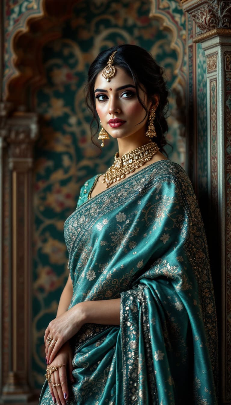 AI generated: A beautifully rendered, photorealistic portrait of a sophisticated South Asian woman. She stands in ...