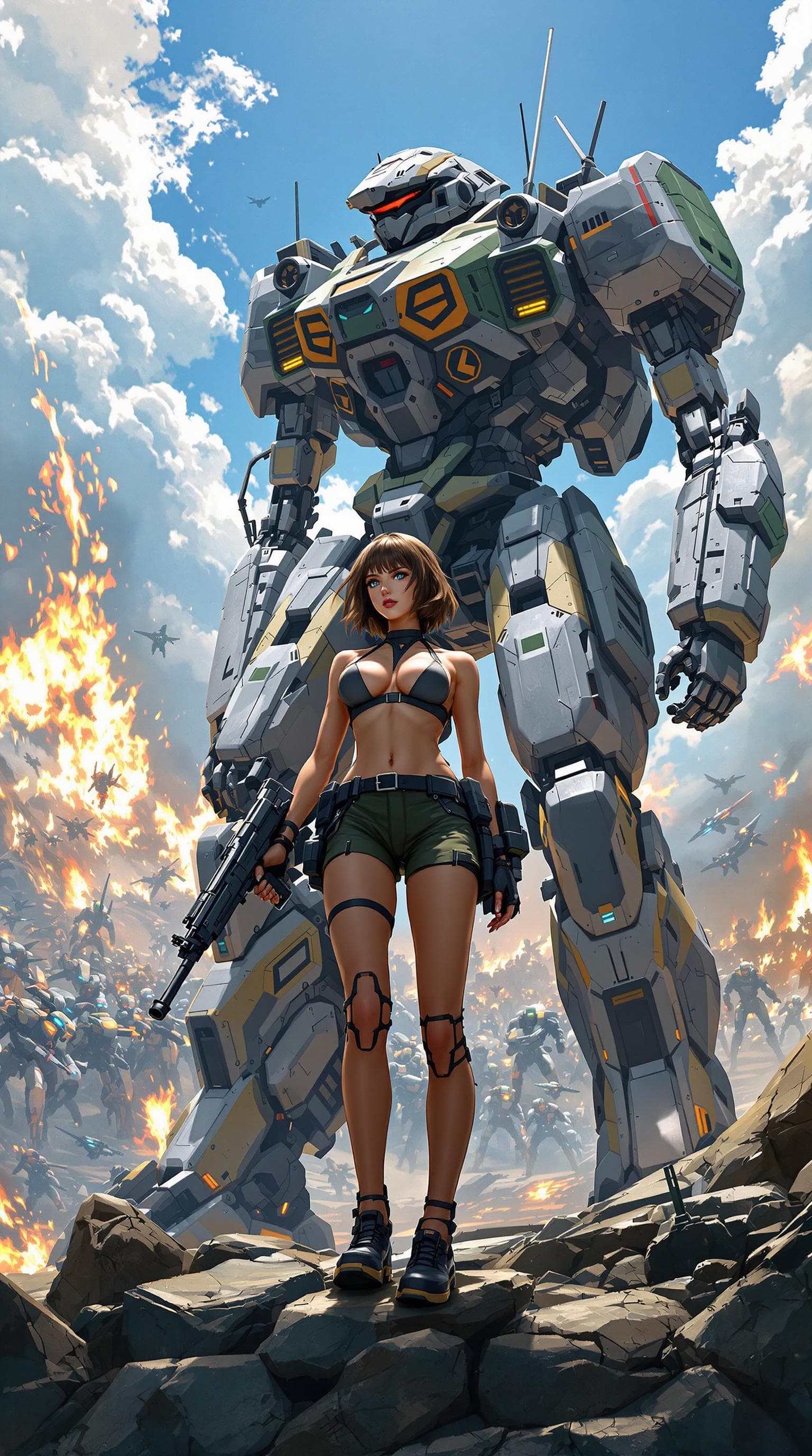 AI generated: In the style of Yoji Shinkawa, full body shot of a young beautiful European woman with gun and her l...
