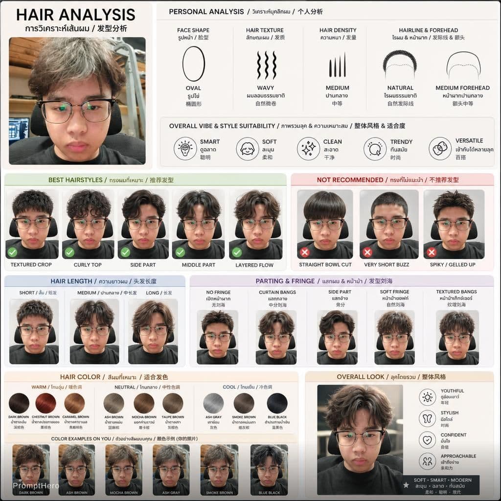AI generated: Create a hair analysis graphic using this portrait. Analyze and present: Face shape (e.g., oval, rou...