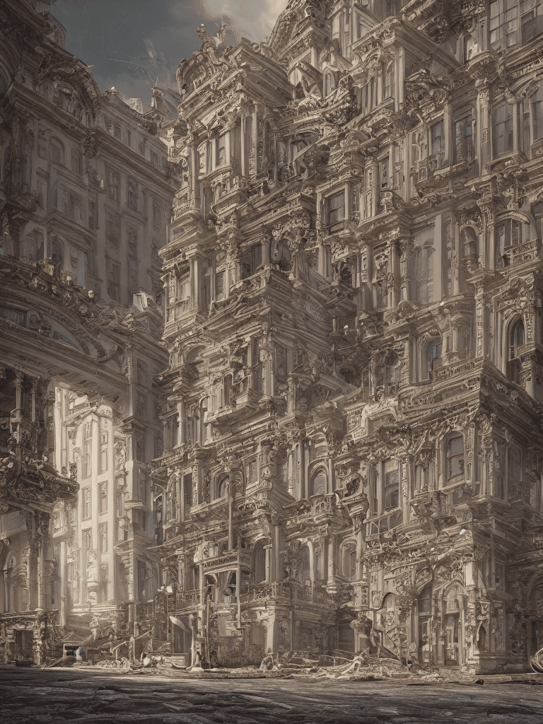 AI generated: Baroque rococo architecture, architectural photography, post apocalyptic New York, hyperrealism, hyp...