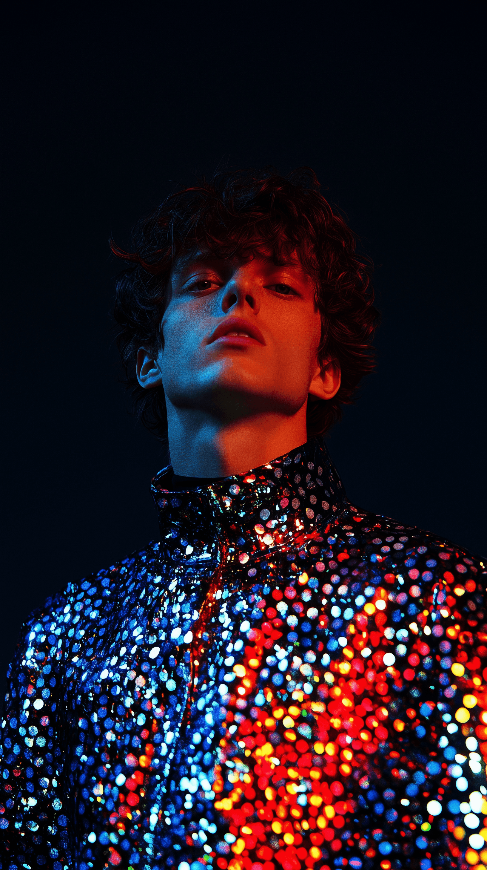 AI generated: high resolution portrait of a young man model, center front view, half upper-body covered with iride...