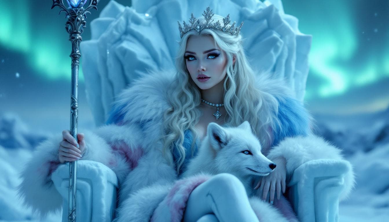 AI generated: 4K, magazine photo shoot quality image of a beautiful 23-year-old platinum blonde ice queen with bea...