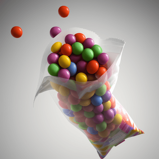 AI generated: a bag of skittles ripped open, 3D with the Skittles flying out of the bag