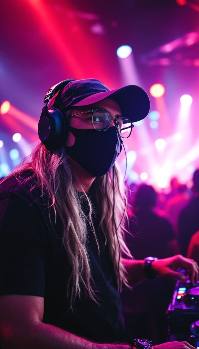 AI generated: A DJ with a face masked and glasses wearing a baseball cap, gray-silver long hair and a black T-shir...
