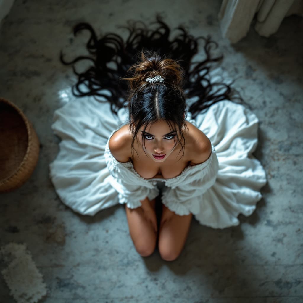 AI generated: ariana grande kneeling on the floor top view