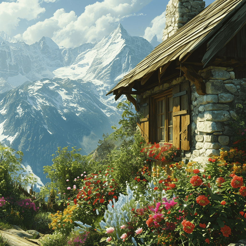 AI generated: Flores em uma casa na montanha com um visão linda das montanhas no horizonte, waltercolor, altamente...