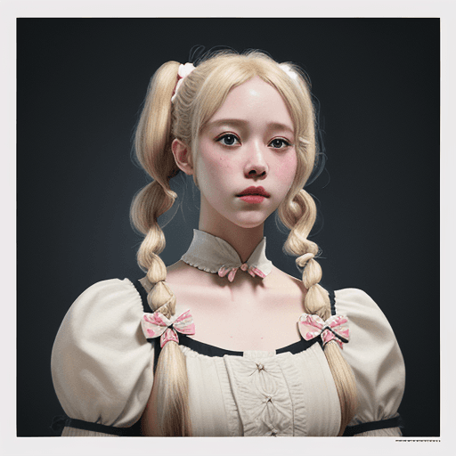 AI generated: Young girl far away full body. blond curly hair tied into two pigtails with big bows, intricate artw...