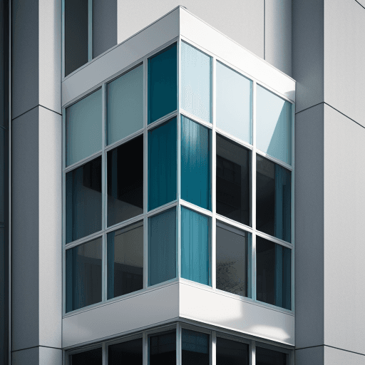 AI generated: photo of a aesthetic glass corner window from outside the building with a color combination of blue ...