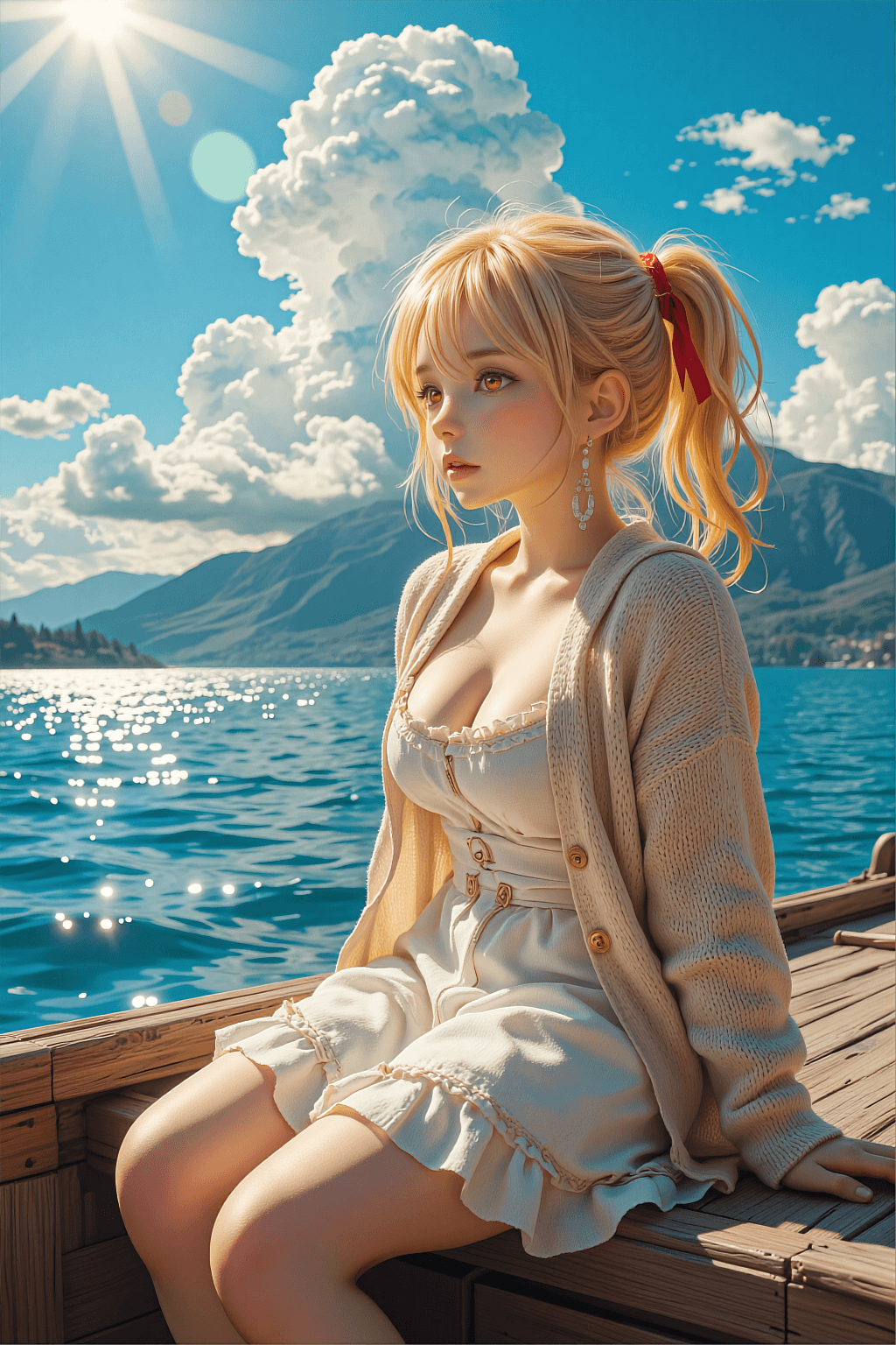 AI generated: A vertical anime masterpiece illustration of a beautiful blonde girl sitting on a wooden boat deck o...