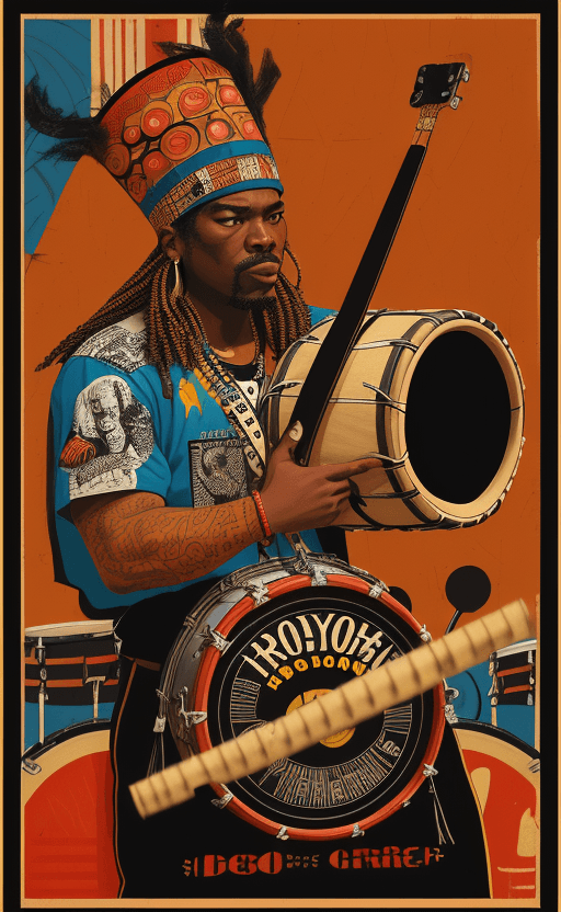 AI generated: a poster depicting a player with a drum, in the style of maximalist, americana iconography, black ar...