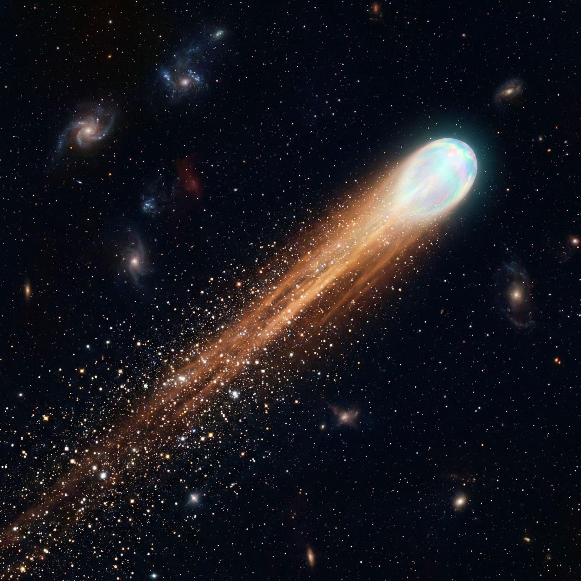 AI generated: a opal white comet with a long bronze tail with white and gold sparkles sprinkling off of it in the ...