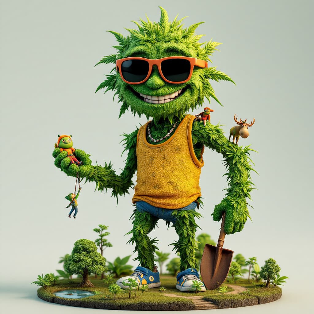 AI generated: Create a 3D stylized version of a quirky, cartoonish humanoid character made entirely out of cannabi...