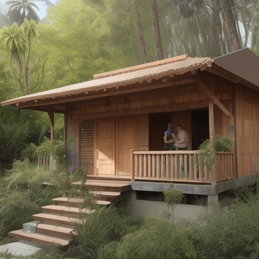 AI generated: imagen de una casa grande de madera  de dos plantas en un bosuqe frondoso muy colorido con flores, c...