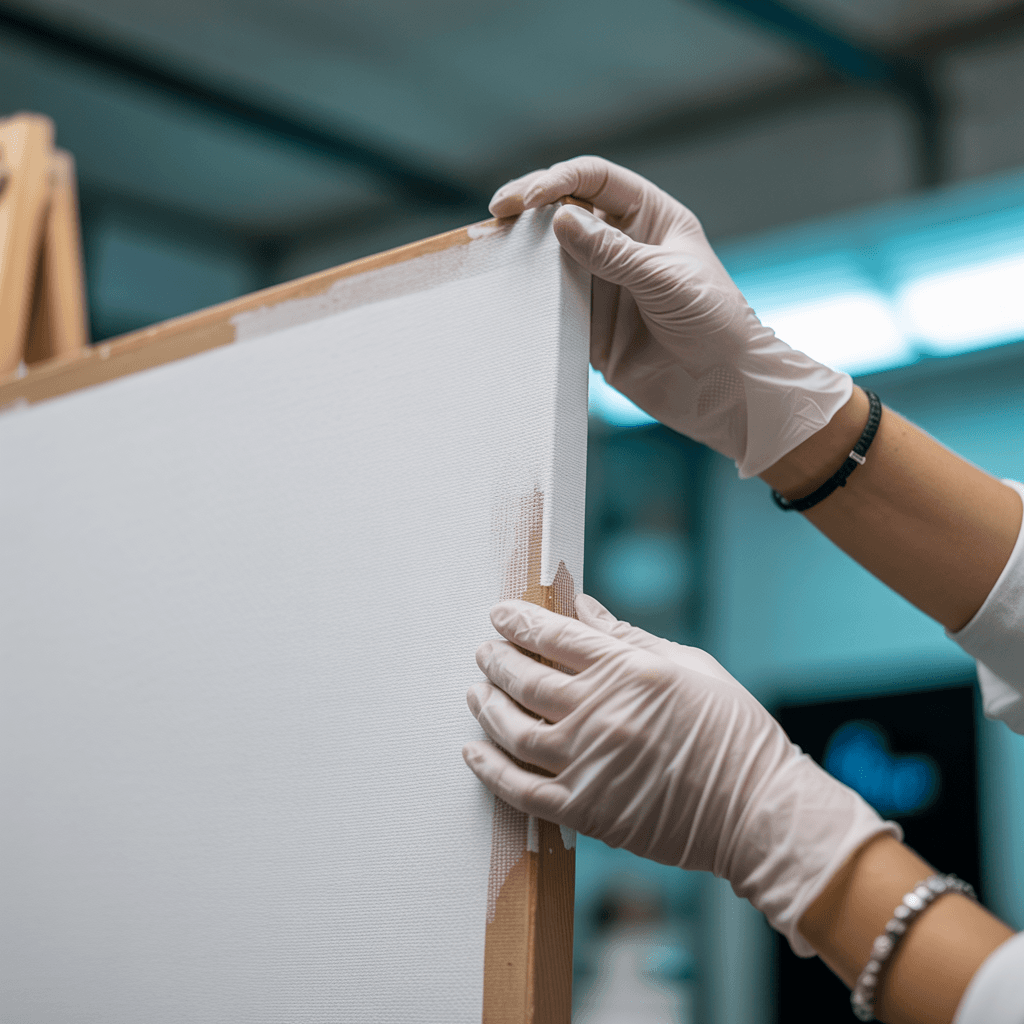 AI generated: close up of two hands whith white gloves holding the corner of a big blank paint canvas, blurred bac...
