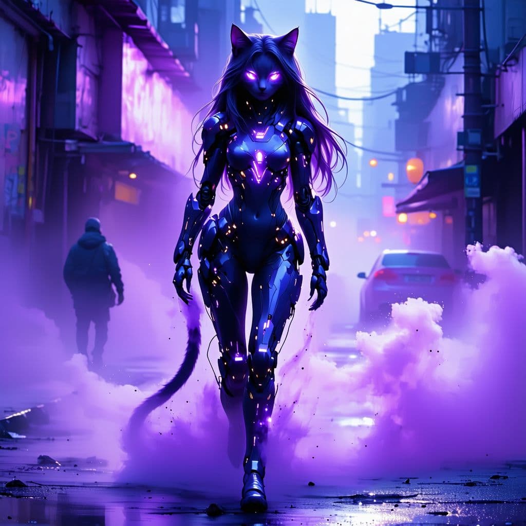 AI generated: A digital drawing of a female cat girl, full body, walking on the street at night, with purple eyes,...