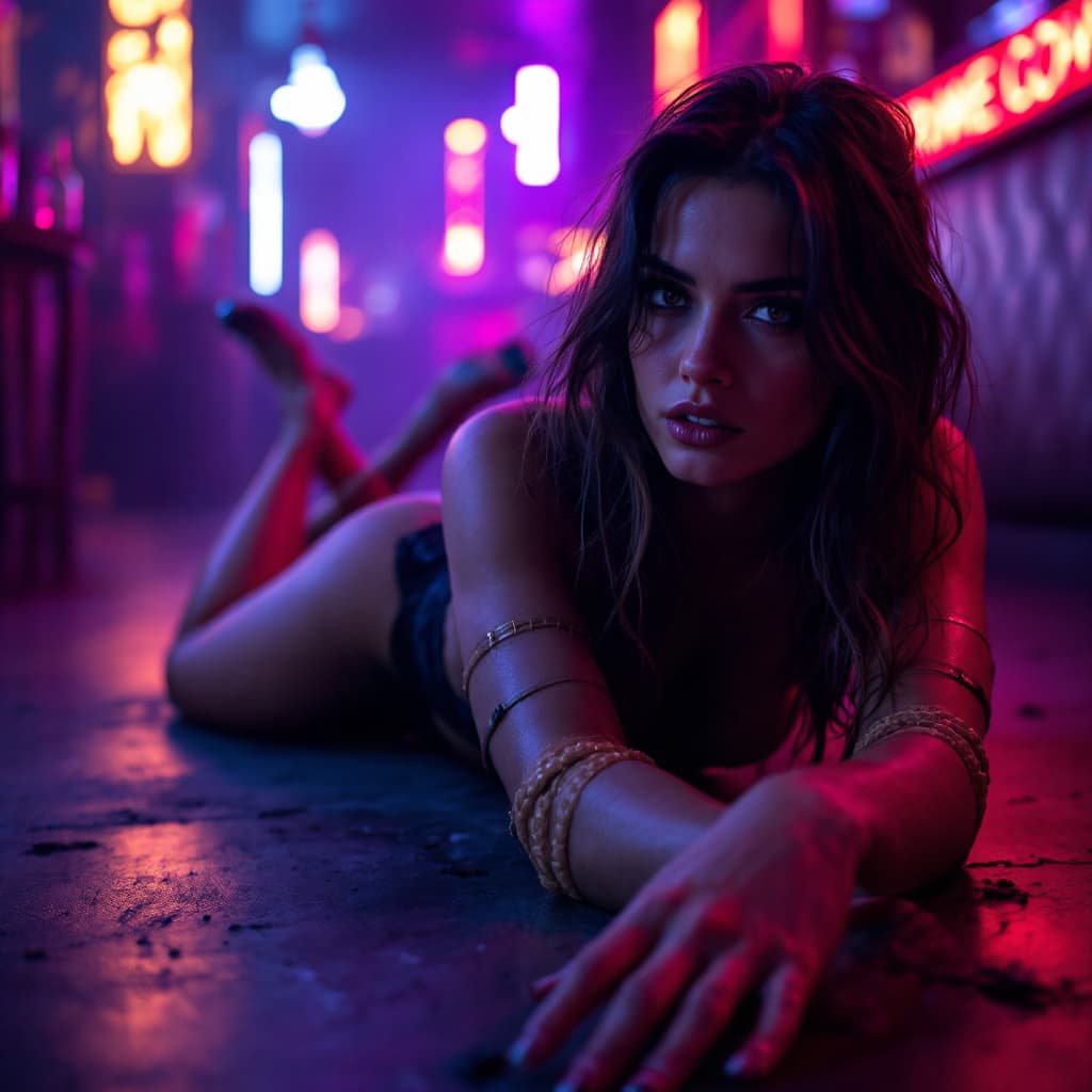 AI generated: 
She lies on the ground in a dimly lit club, bound in a strict frogtie position. Her legs are bent a...