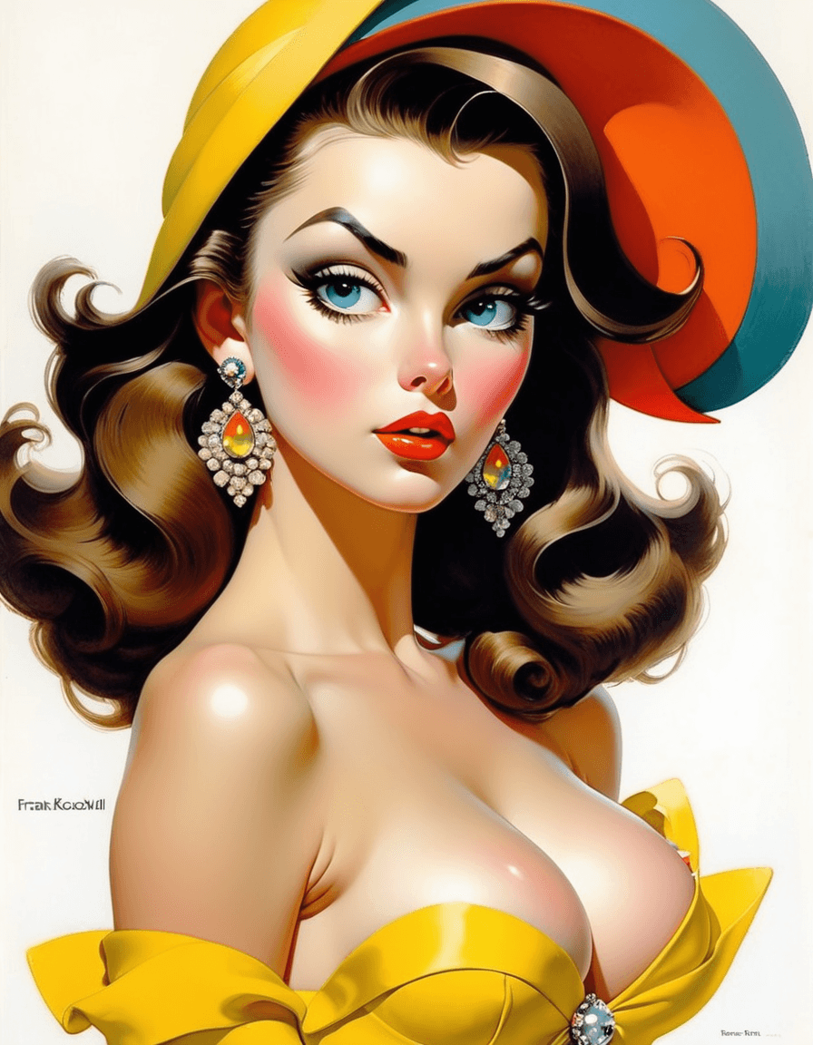 AI generated: NSFW, art by Norman Rockwell and Frank Frazetta, avant garde fashion, vogue, bright colors, an adult...