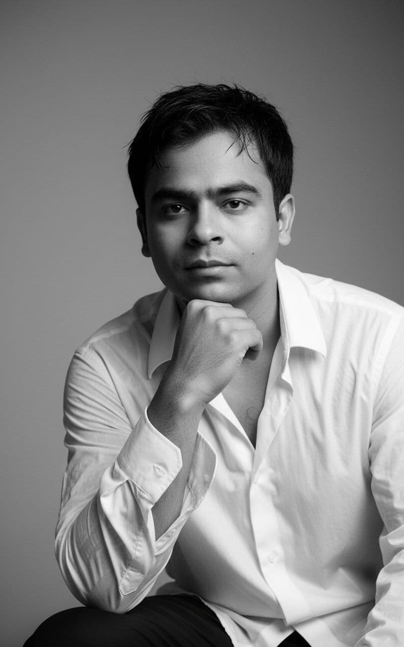 AI generated: Black and white fine art portrait of a young man, with short, slightly messy hair framing his delica...