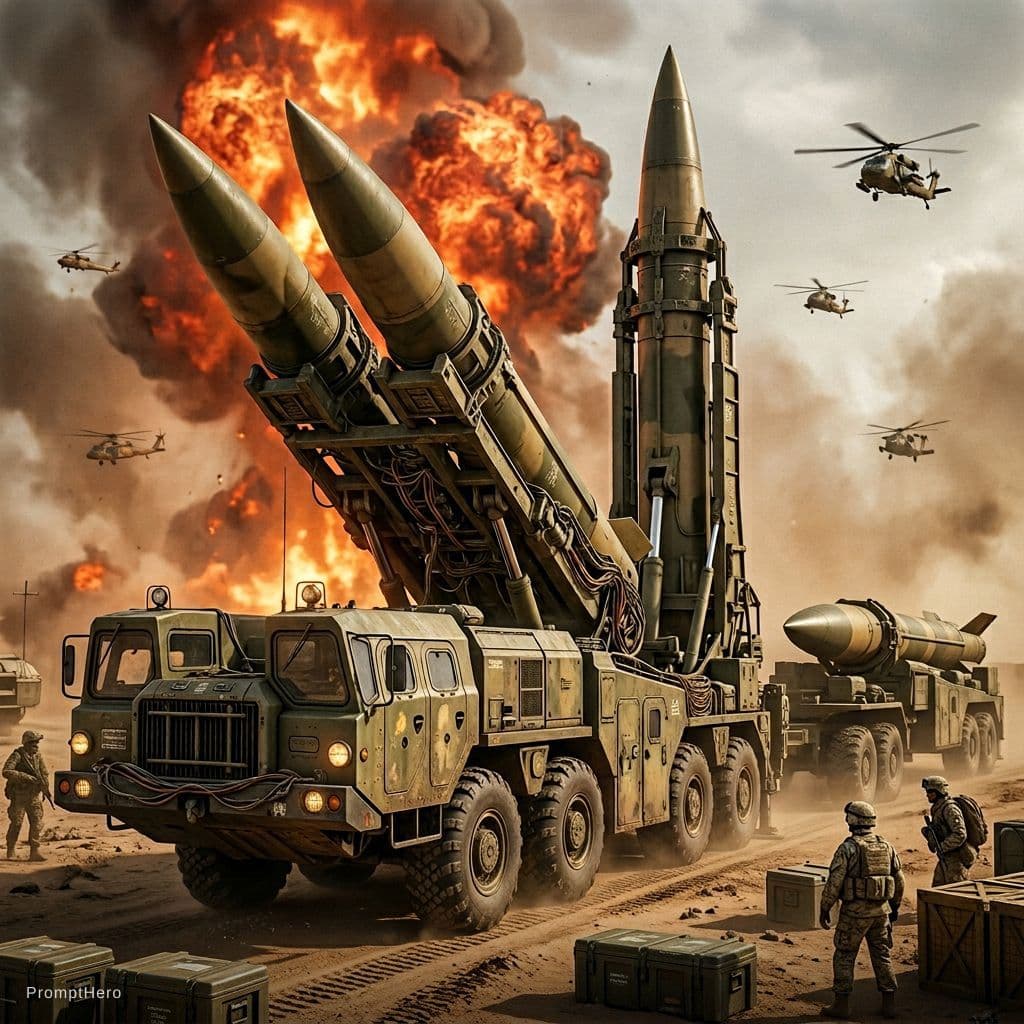 AI generated: A massive, fully operational Scud missile launcher, prominently displaying two fully fueled and prep...