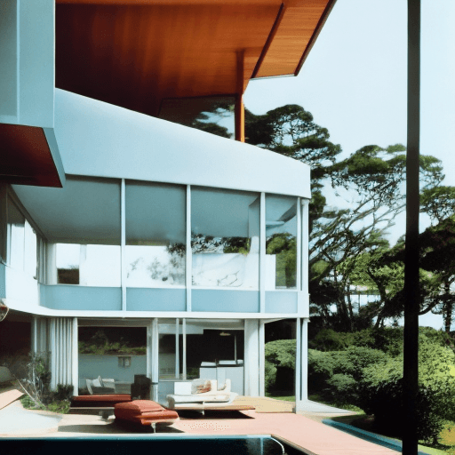 AI generated: Hyper realistic eye level exterior photo of a mid century modern style house overlooking the ocean, ...