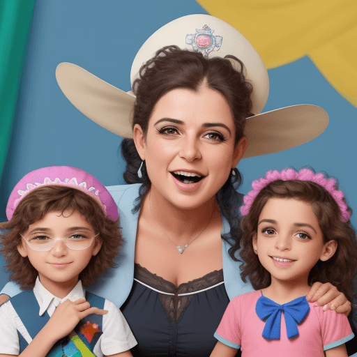 AI generated: professora alegre e divertida rodeada de crianças faladoras
