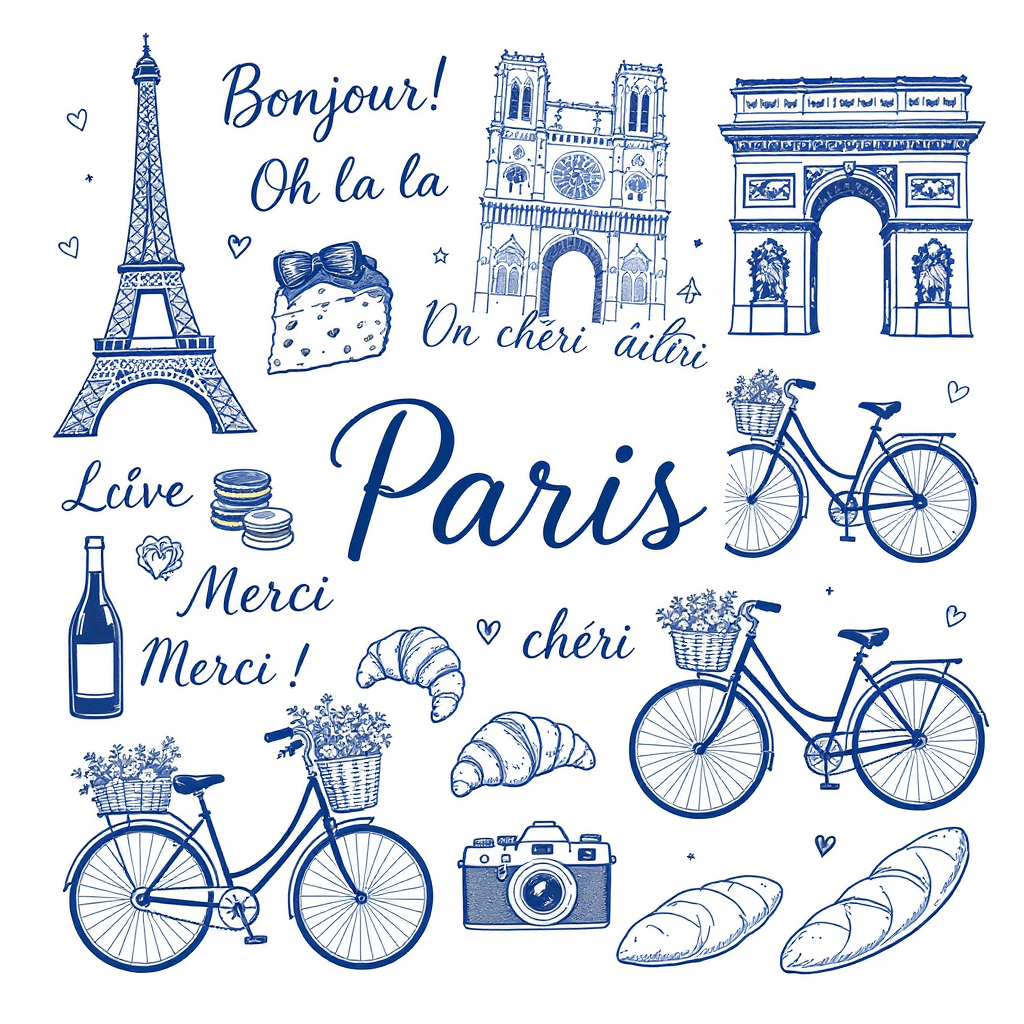 AI generated: A whimsical line art digital illustration celebrating Paris in a playful and romantic style. The com...