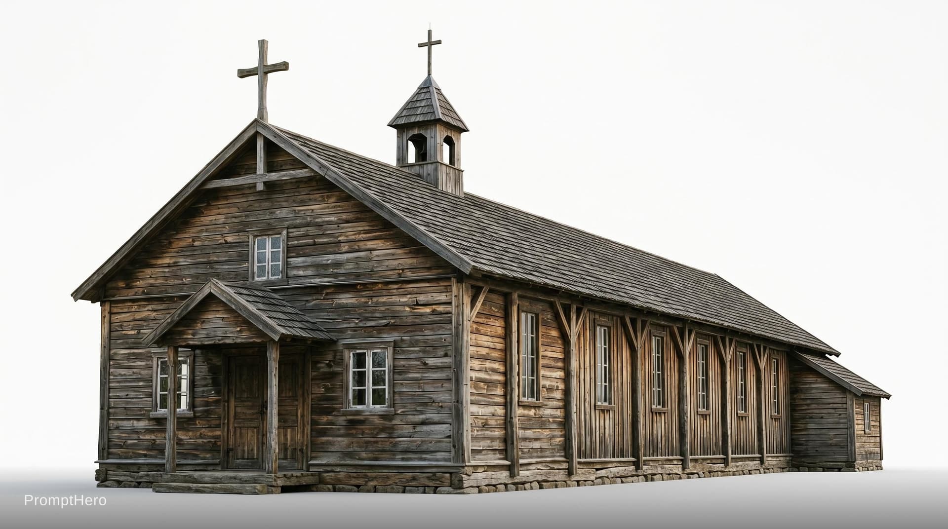 AI generated: Turn into photo realistic photo 1829 wooden colonization church lengthy shape  with cross. on white ...