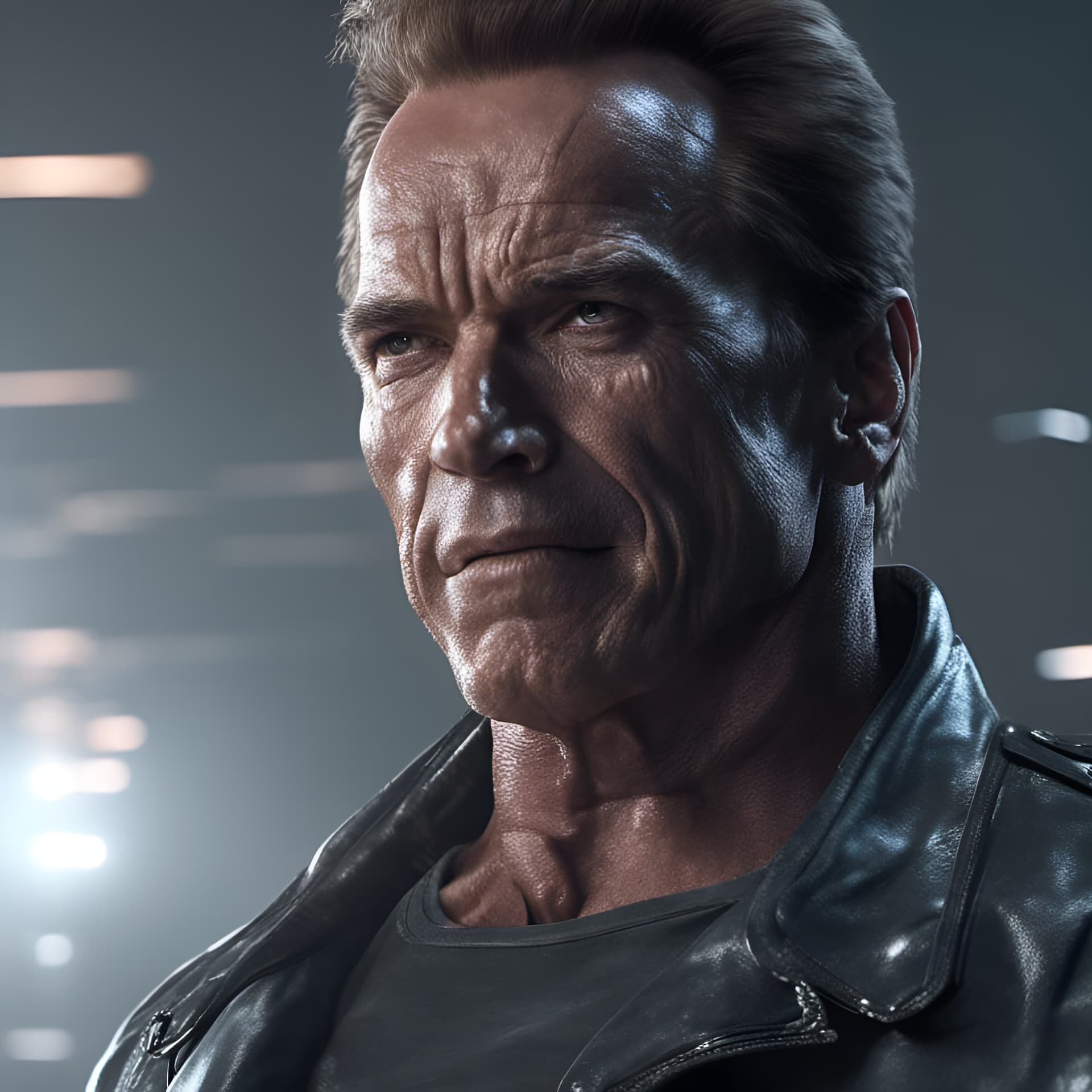 AI generated: Arnold Schwarzenegger as The Terminator, 8k, Full body shot, Evil smile, VFX, octane render, unreal ...