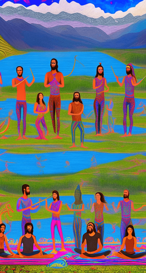 AI generated: Psychedelic group of people men and spiritual women near lake in Georgia. Some people do yoga play o...