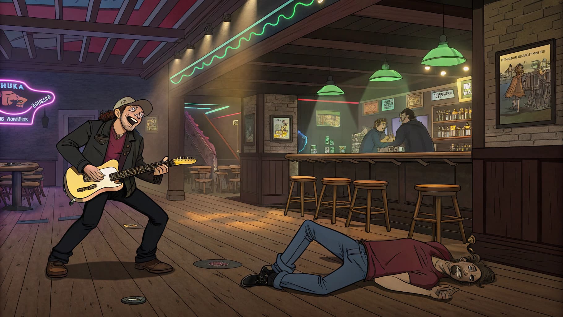 AI generated: A realistic cartoon style scene inside a lively rock pub called Crow Jane: a man happily playing a T...